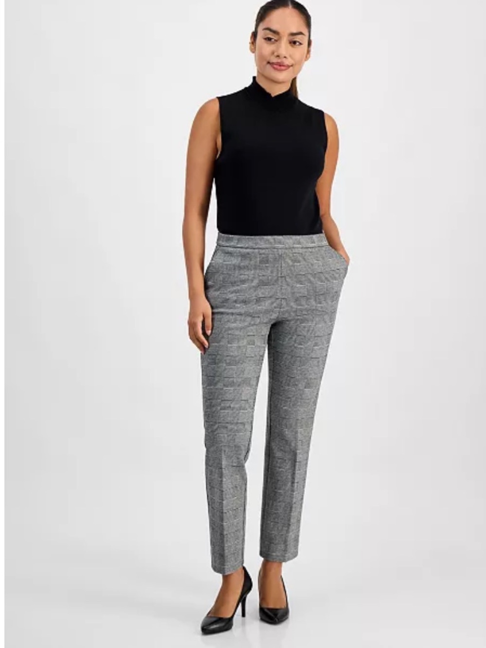 ANNE KLEIN Gray Glen Plaid High Rise Pullon Ankle Pants L NWOT